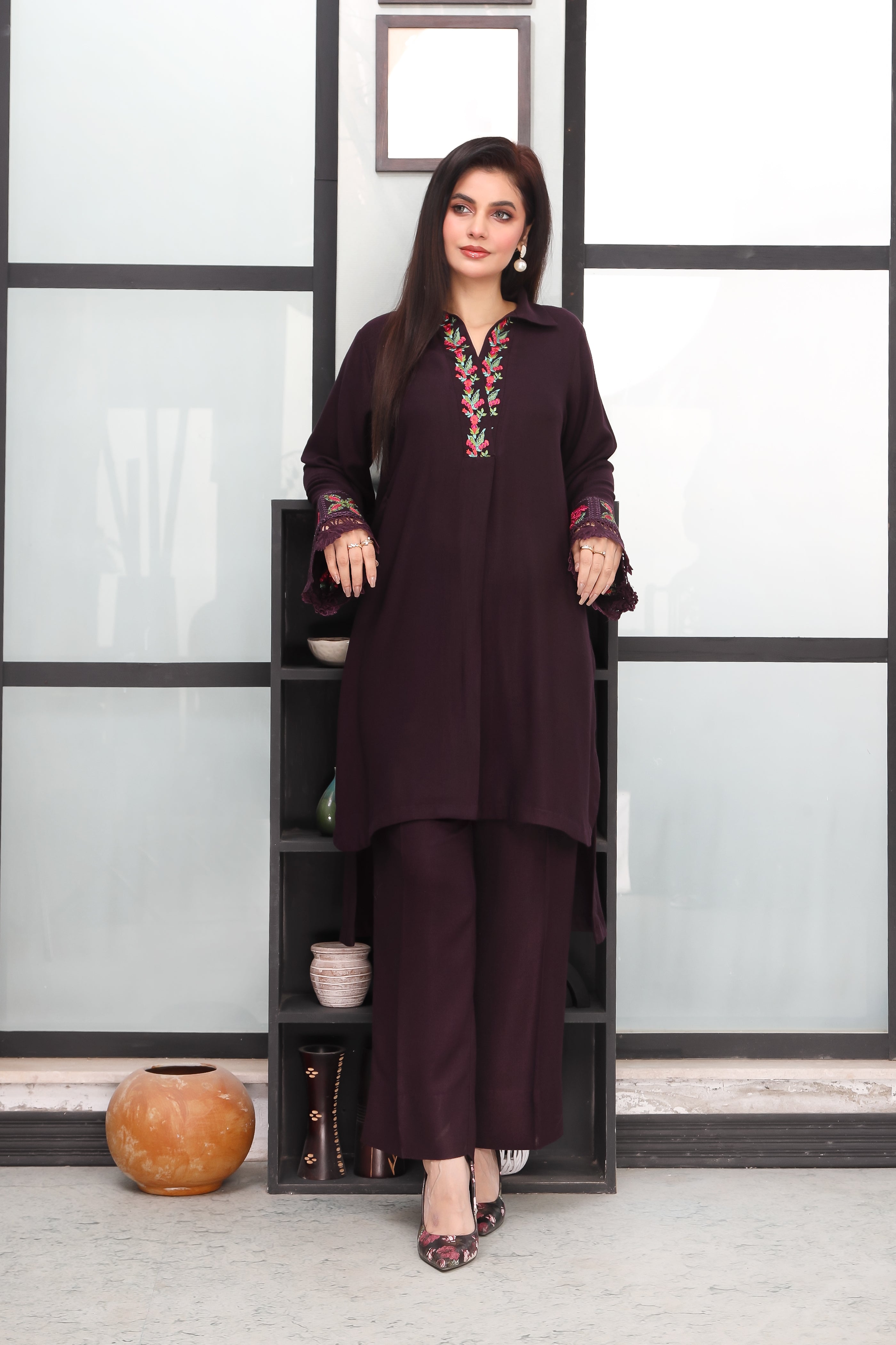 AF 703 | Peach Wool 2-Piece Stitched Embroidered Suit with Asymmetric Cut