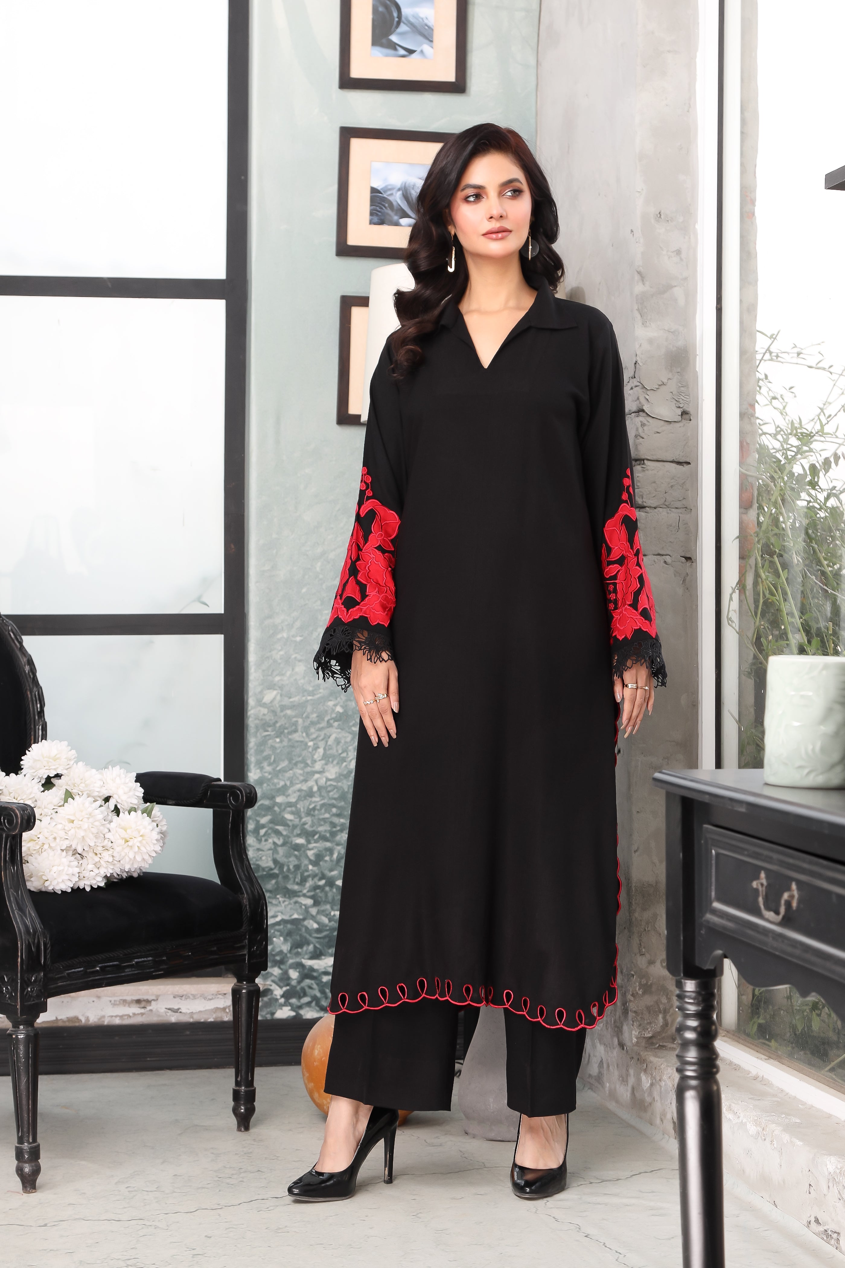 AF 709 | Elegant Black Peach Wool Two-Piece Outfit