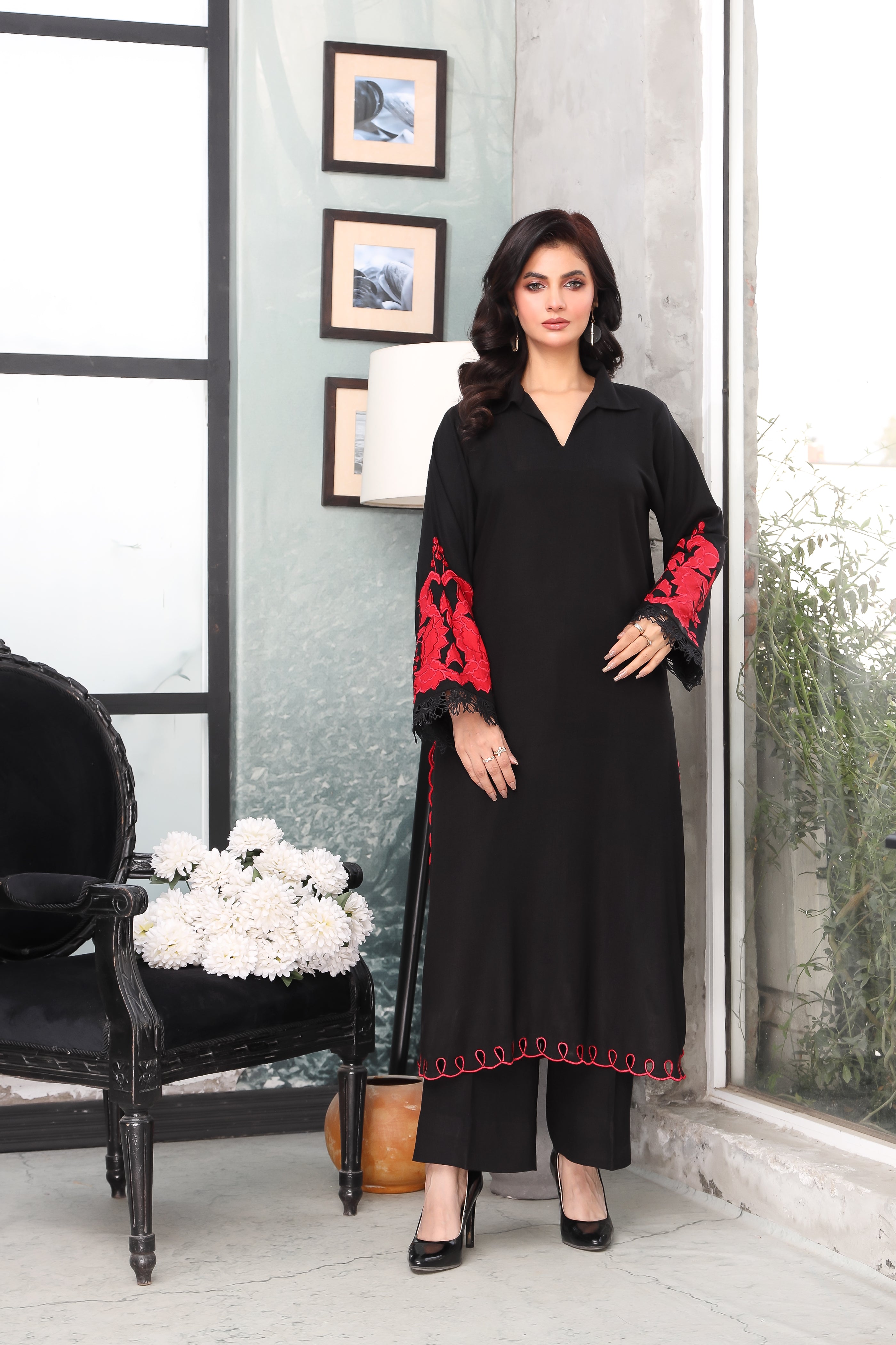 AF 709 | Elegant Black Peach Wool Two-Piece Outfit