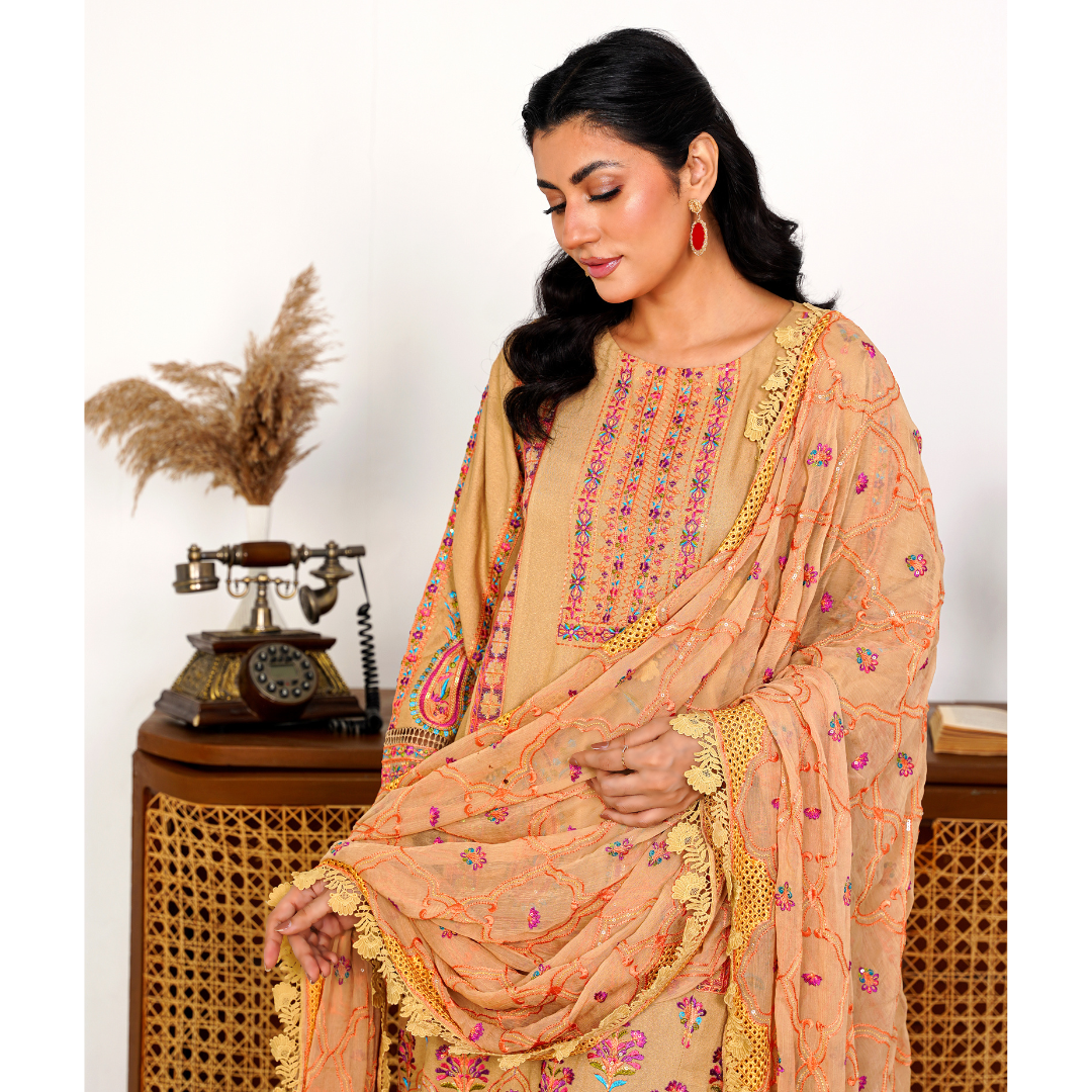 Heavily Embroidered Elegant Karandi Outfit 3PC