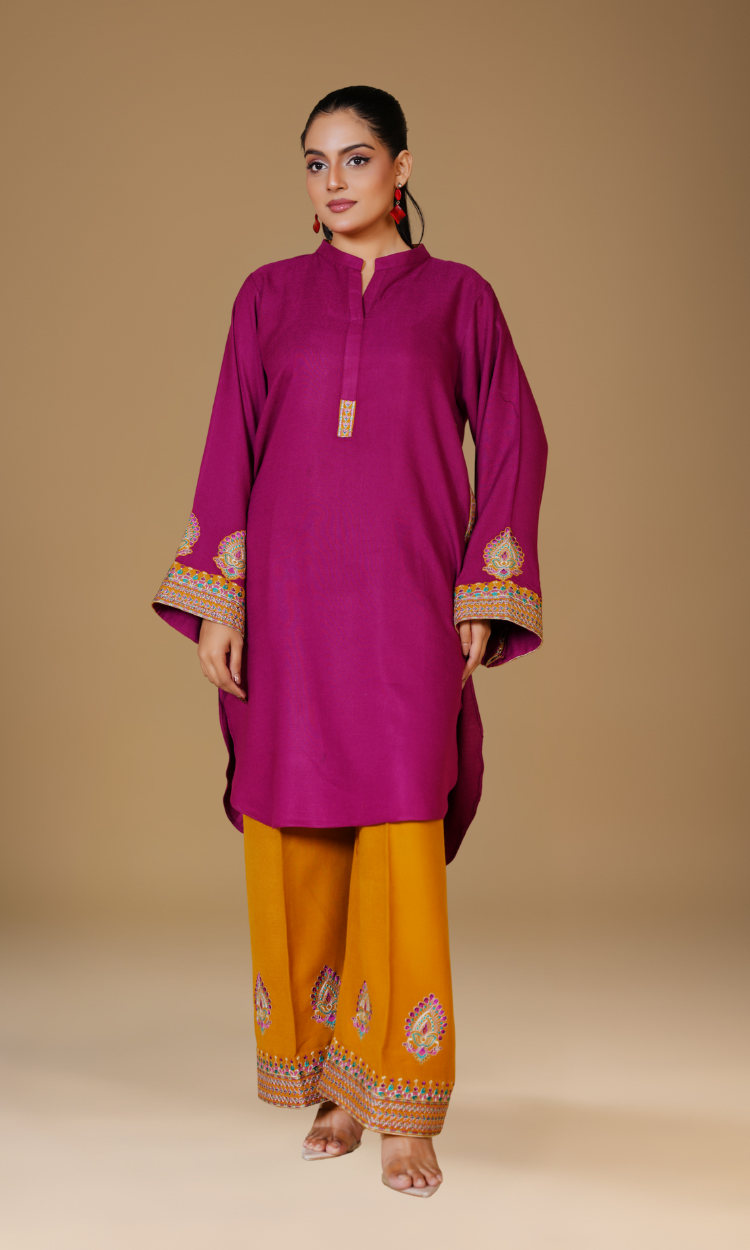 Embroidered Two-Piece Peach Wool Suit