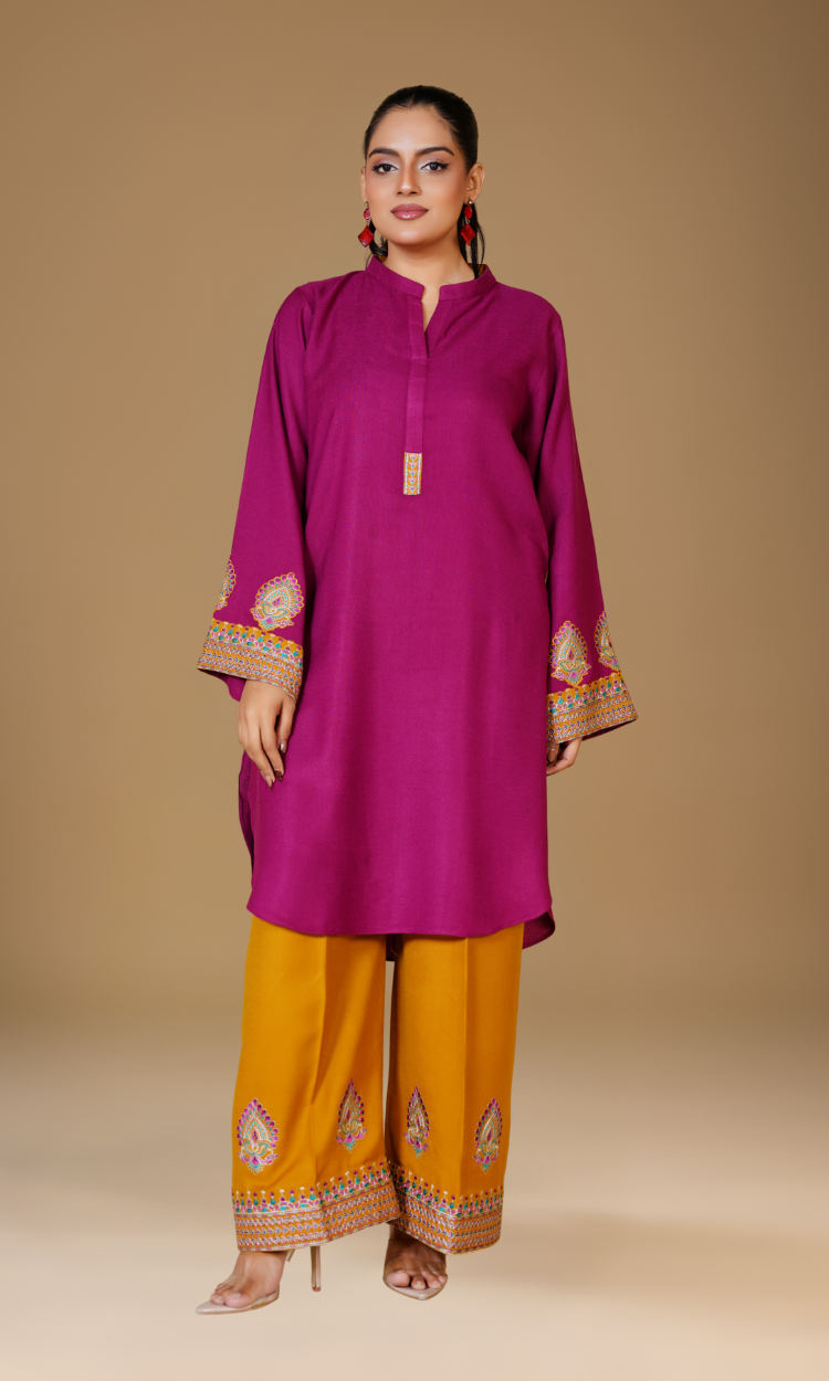 Embroidered Two-Piece Peach Wool Suit