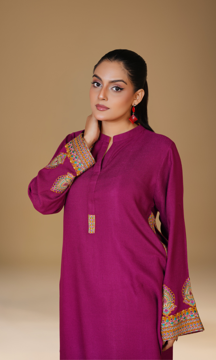 Embroidered Two-Piece Peach Wool Suit