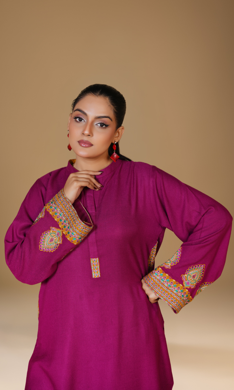 Embroidered Two-Piece Peach Wool Suit