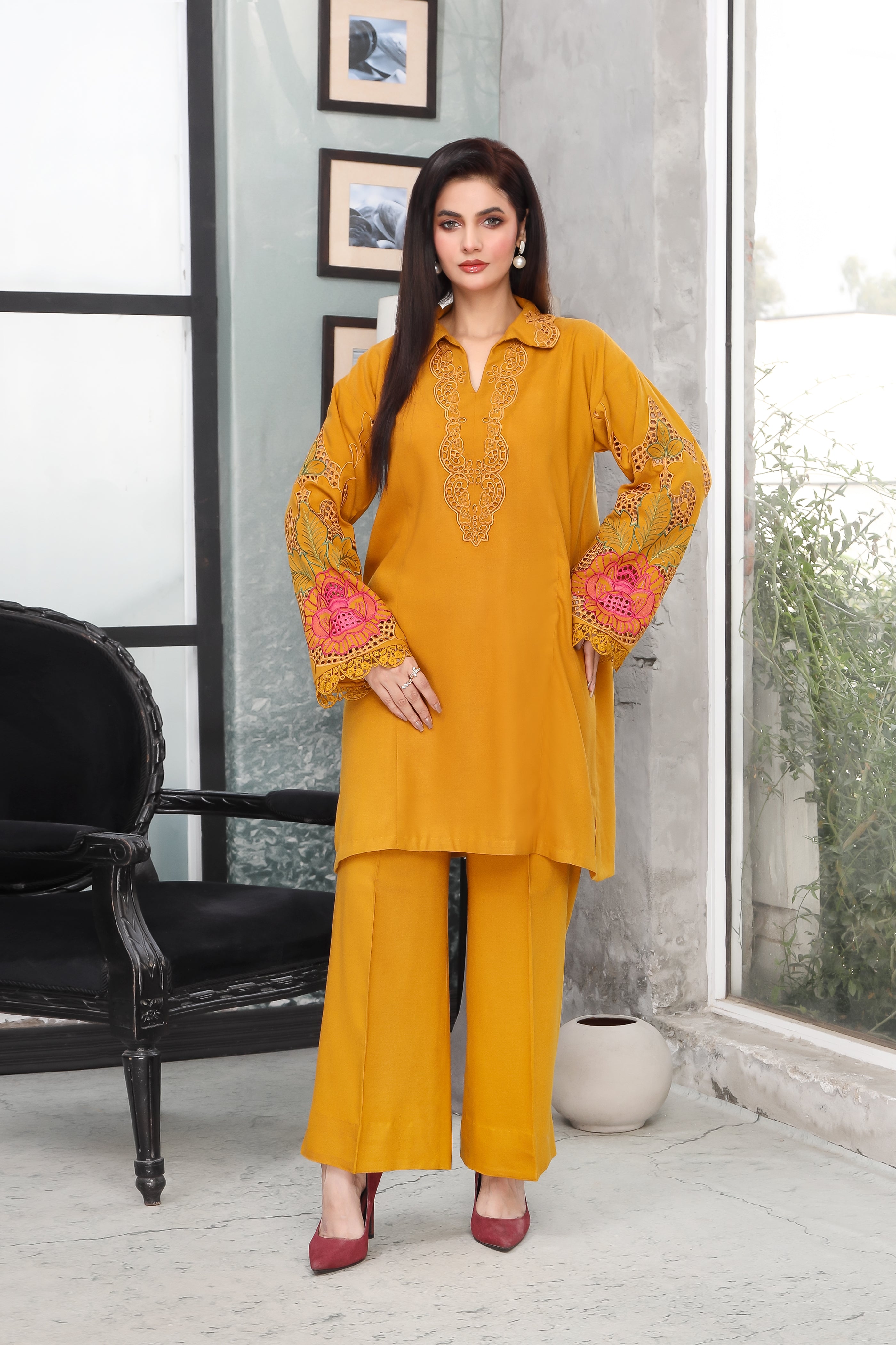 Peach Wool Embroidered Two-Piece Stitched Suit