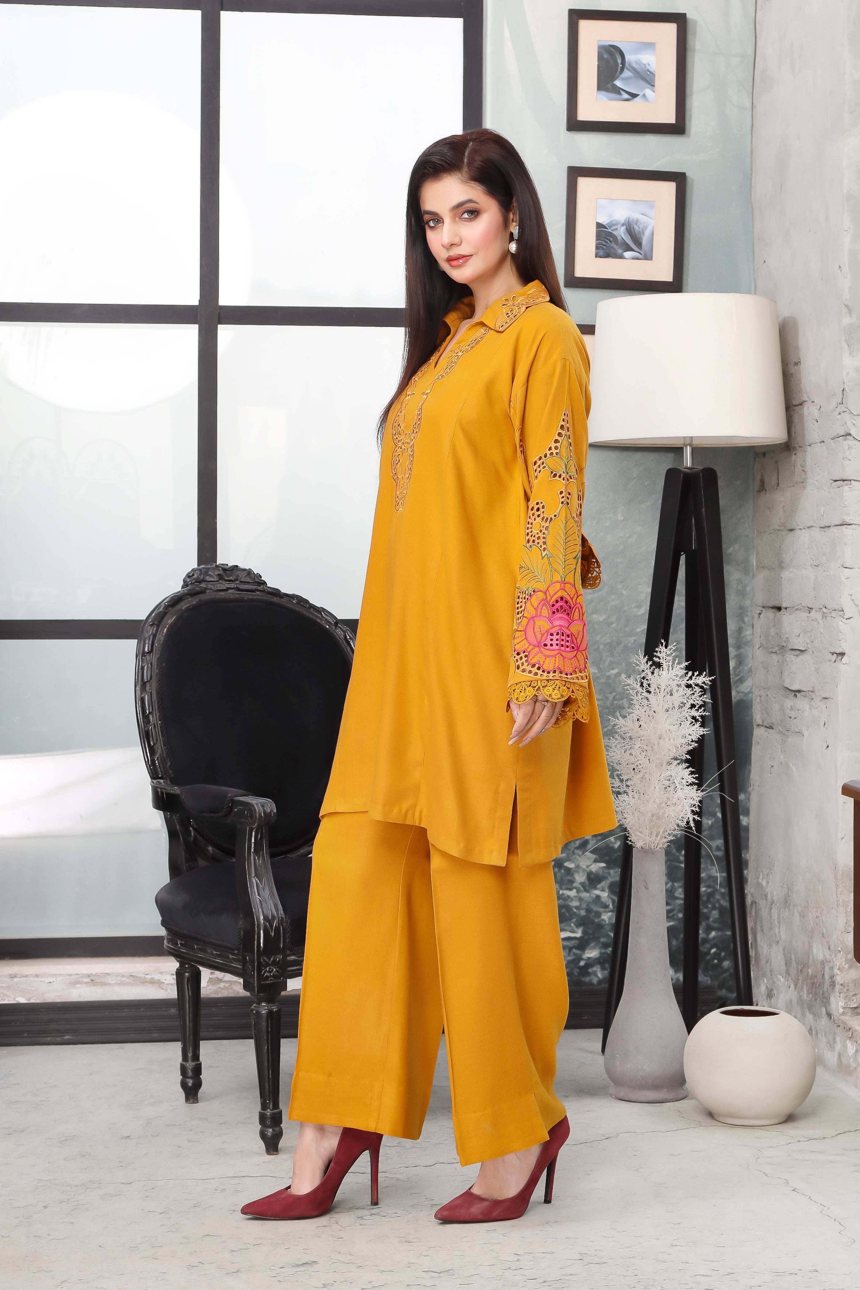 Peach Wool Embroidered Two-Piece Stitched Suit