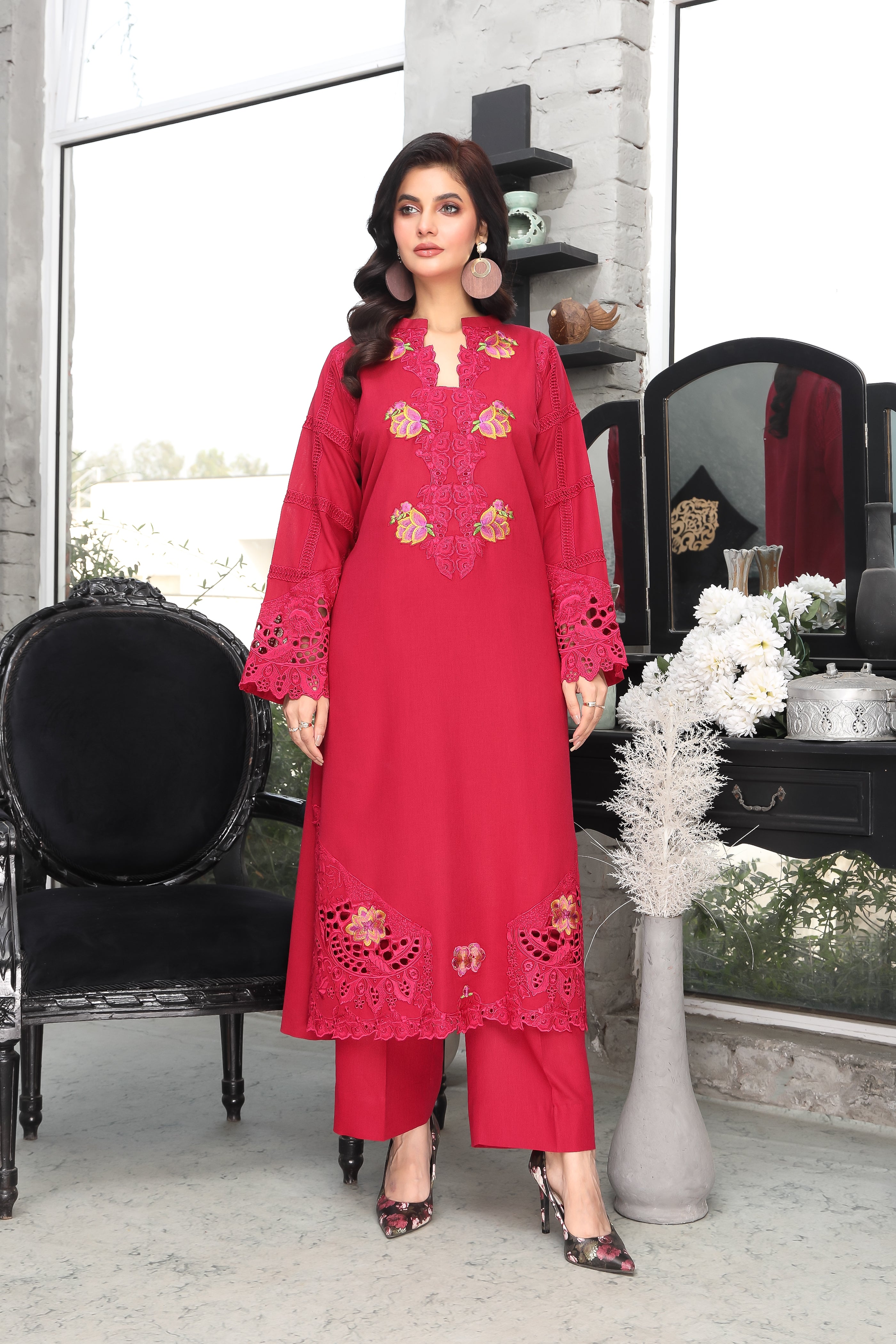 Graceful Embroidered Karandi Suit with Culottes