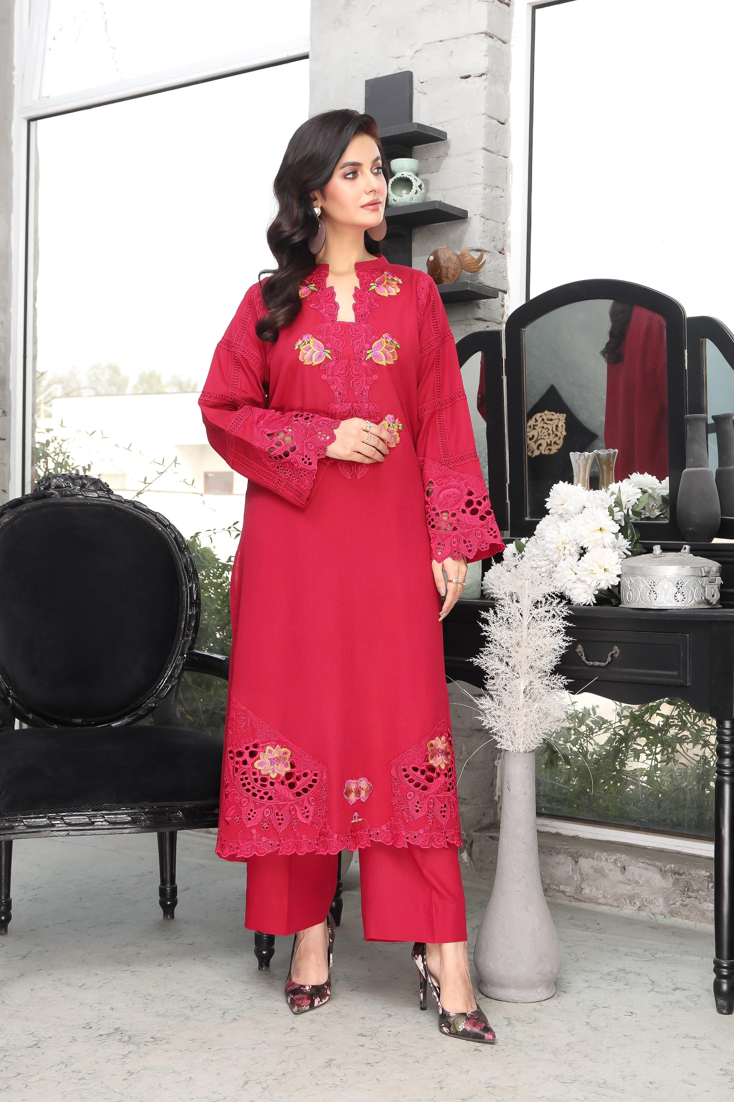 Graceful Embroidered Karandi Suit with Culottes