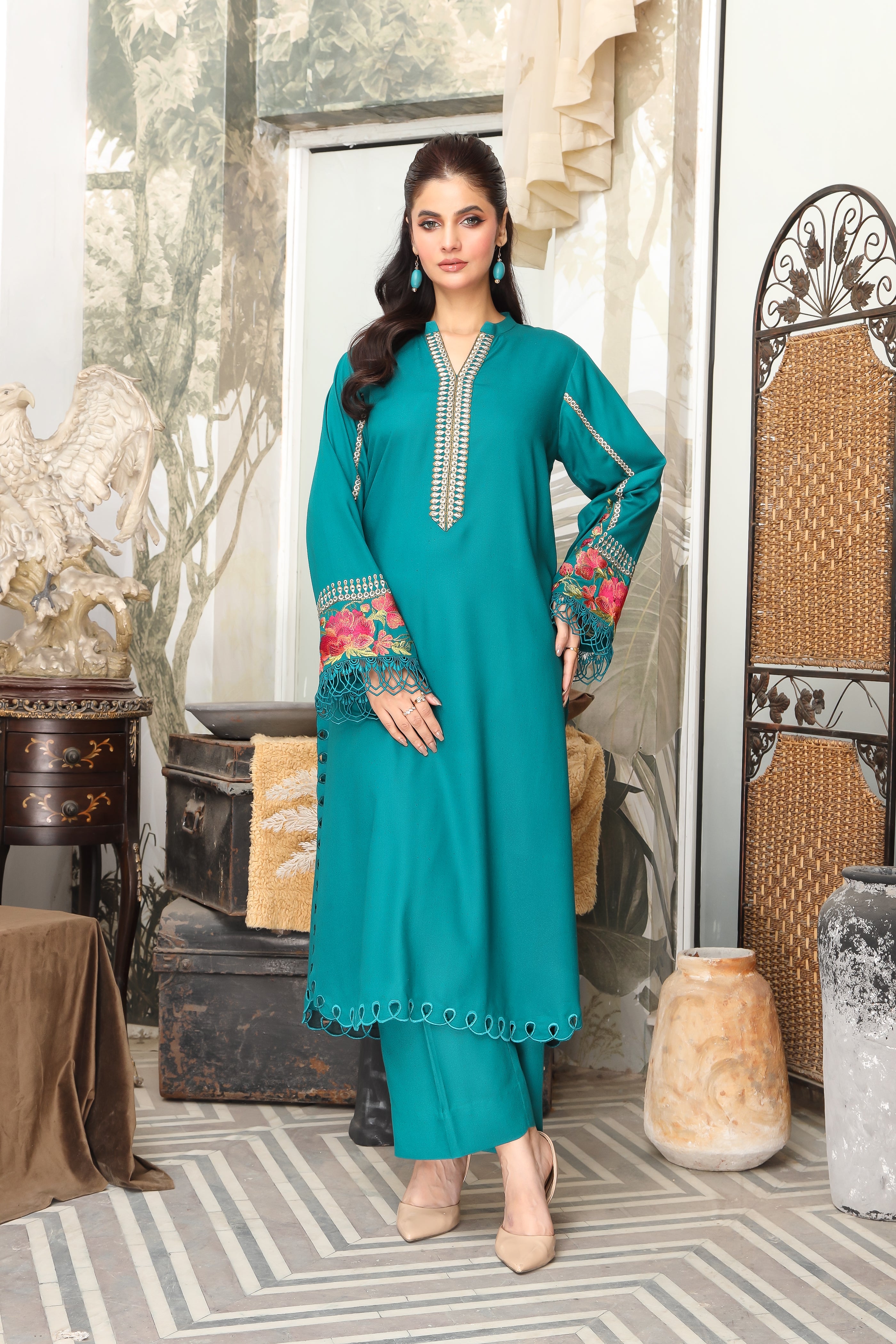 Chic Karandi Embroidered Suit with Floral Sleeves