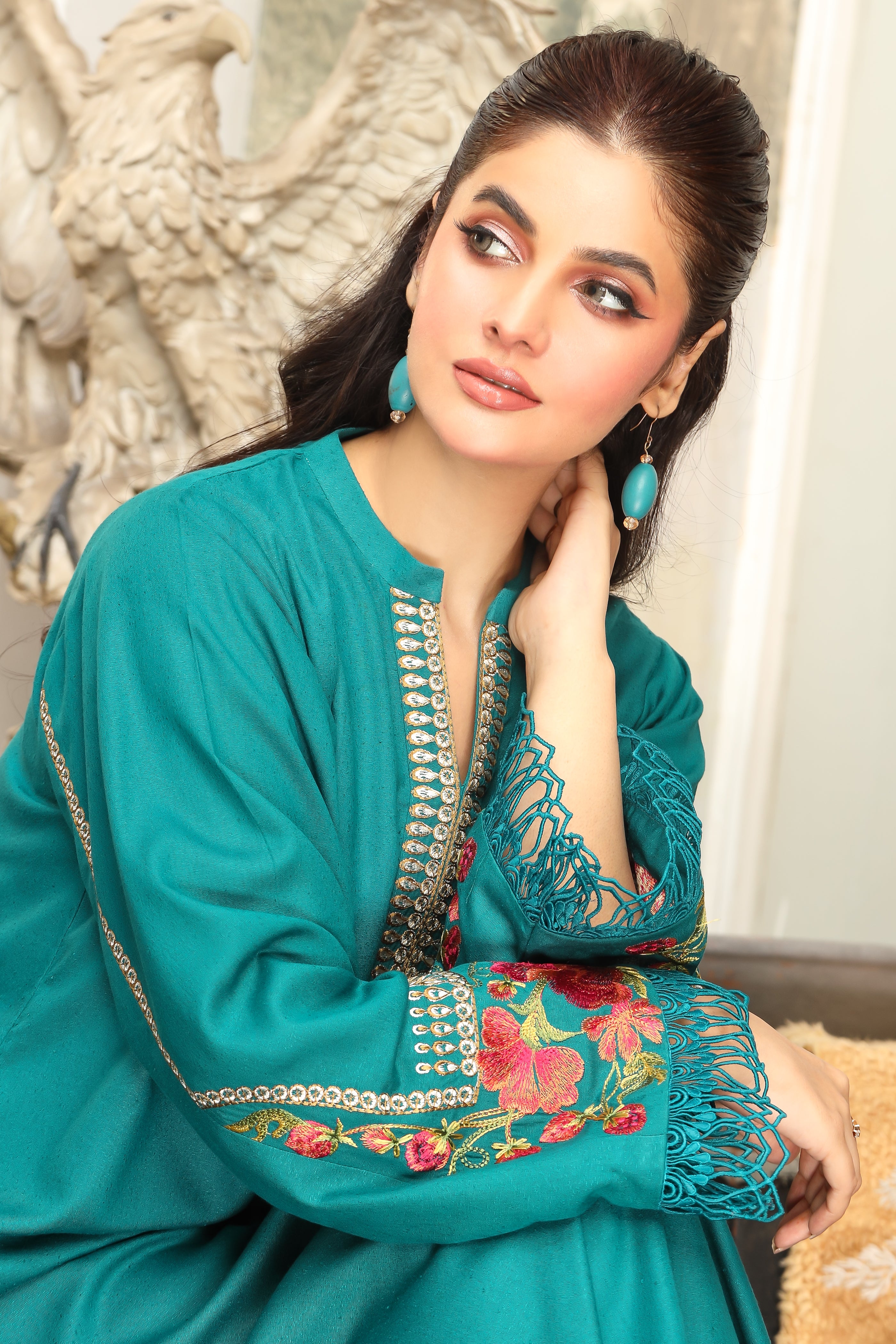 Chic Karandi Embroidered Suit with Floral Sleeves