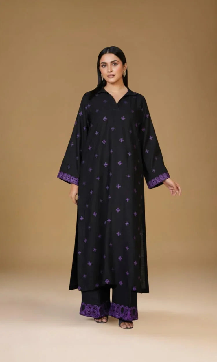 Black Embroidered Irish Cotton Linen Two-Piece