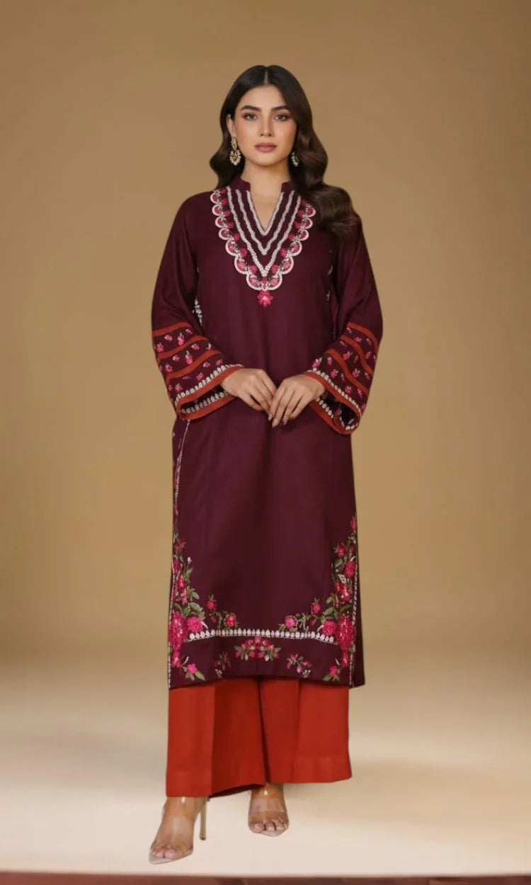 Maroon & Rust Contrast Embroidered Two-Piece Suit