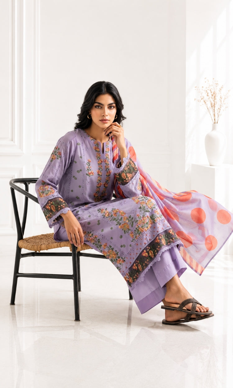 Lavender Bloom -3PC Pret Embroidered Lawn