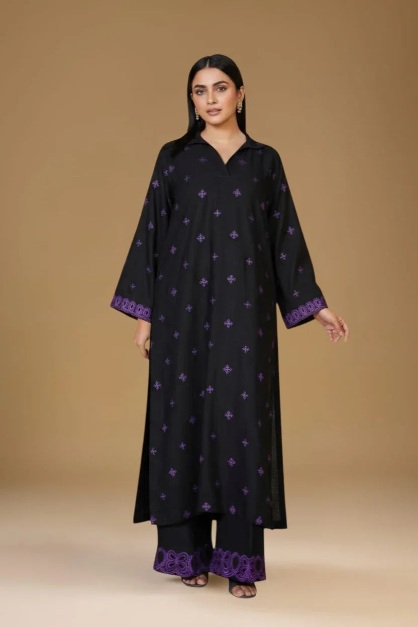 Black Embroidered Irish Cotton Linen Two-Piece