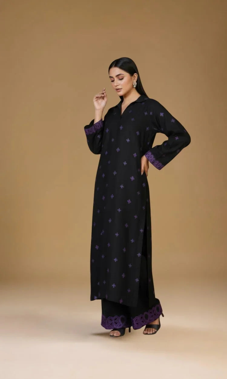 Black Embroidered Irish Cotton Linen Two-Piece