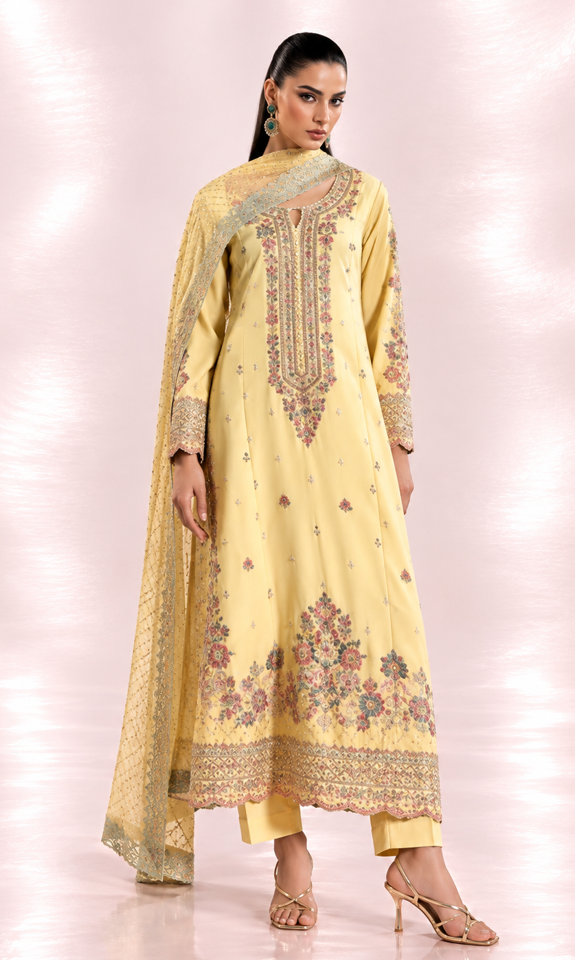 Meena —3 Piece Luxury Embroidered Pure Dull Silk