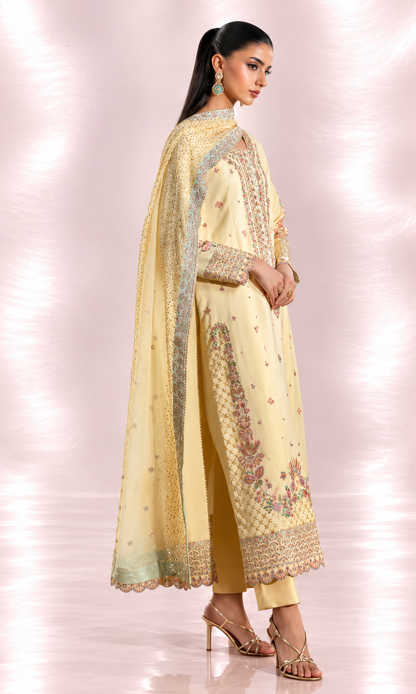 Meena —3 Piece Luxury Embroidered Pure Dull Silk