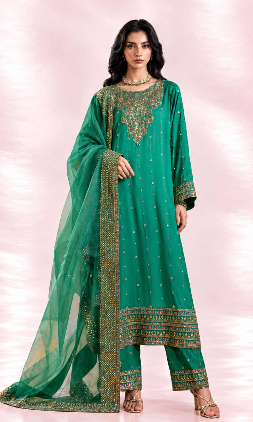A woman modeling a green traditional outfit with gold embroidery and a matching sheer dupatta, set against a soft pink studio backdrop.