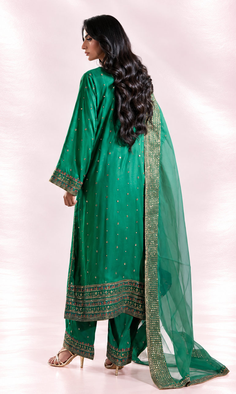 Zahra — Pine Green Luxury Embroidered Raw Silk 3-Piece Suit