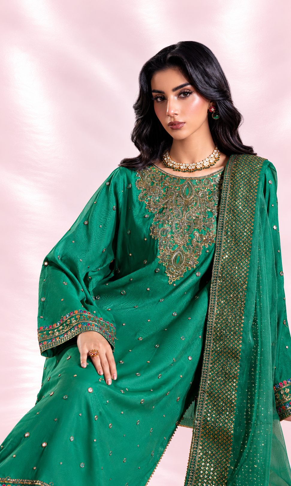 Zahra — Pine Green Luxury Embroidered Raw Silk 3-Piece Suit