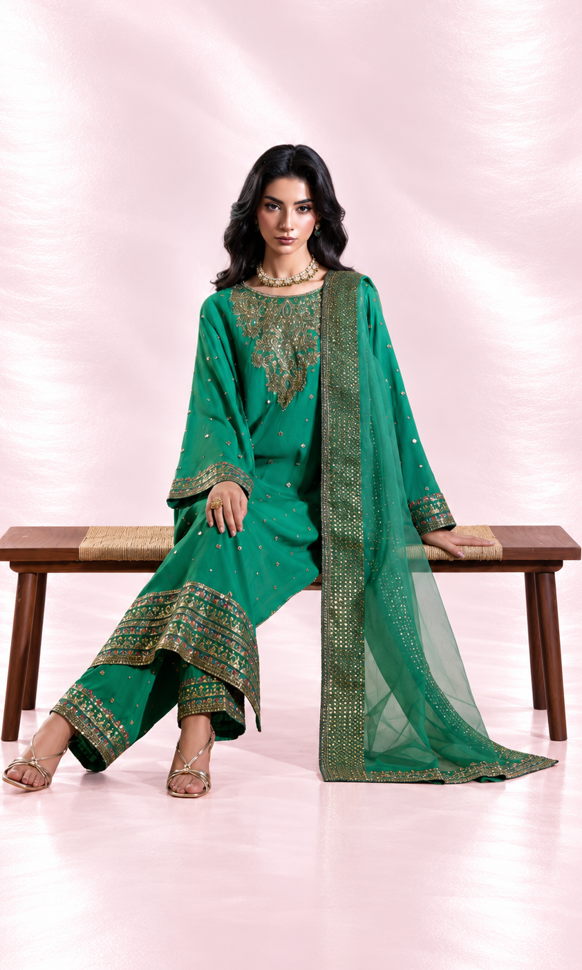 Zahra — Pine Green Luxury Embroidered Raw Silk 3-Piece Suit