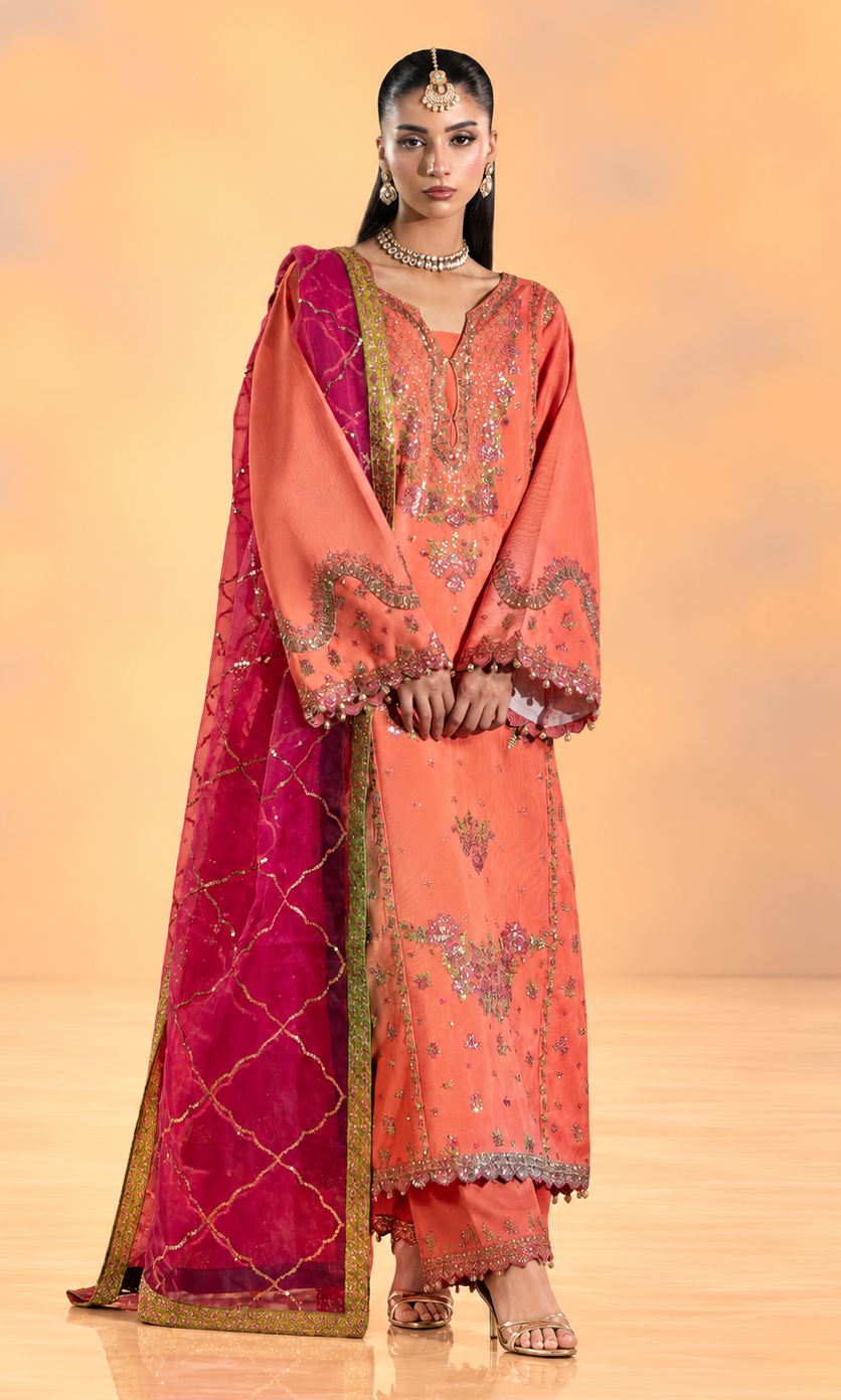 A model stands in a studio wearing a traditional South Asian outfit consisting of a peach-orange kurta with silver embroidery, matching pants, and a draped magenta-pink dupatta with gold lattice patterns and borders.