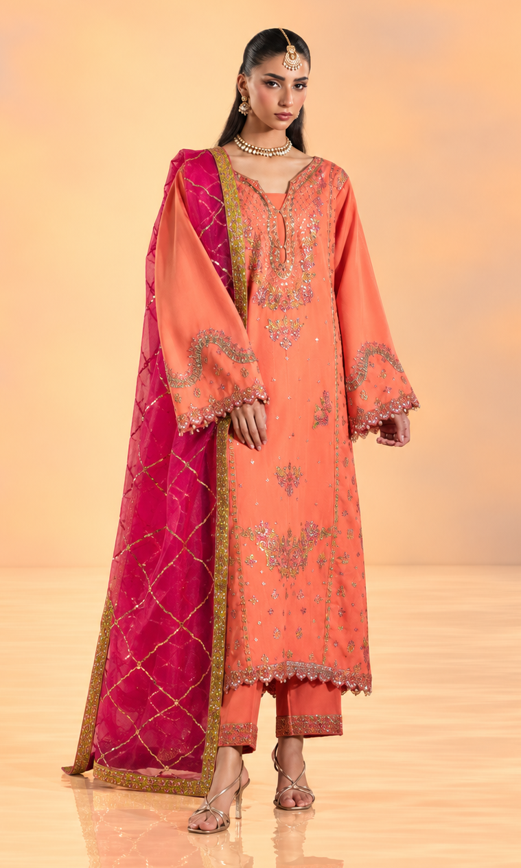 A woman modeling a traditional South Asian outfit consisting of a peach-orange kurta with gold embroidery, matching orange pants, and a bright pink dupatta with gold borders, set against a warm, gradient studio background.