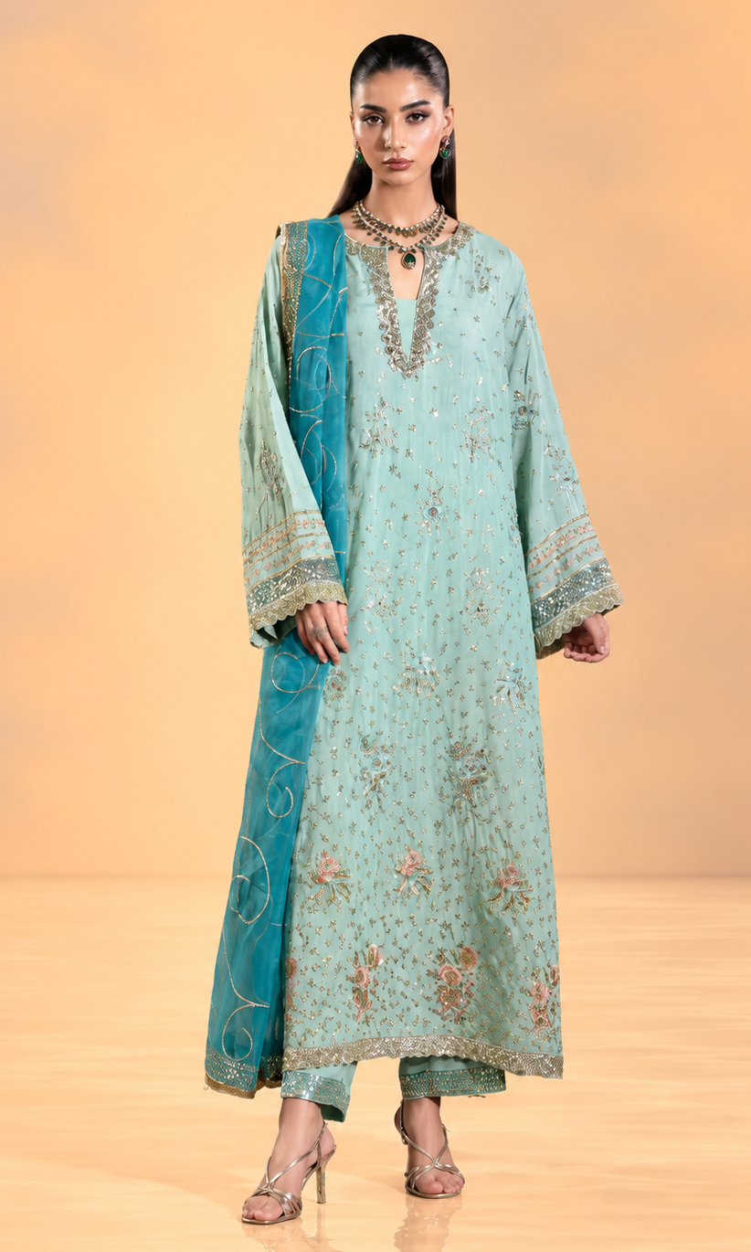 A model wearing a traditional light blue-green (mint/teal) salwar kameez suit with gold embroidery and a contrasting teal dupatta, set against a warm beige studio background.
