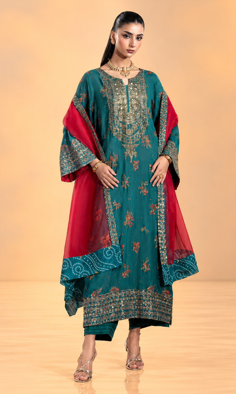 A woman modeling a traditional South Asian salwar kameez set in teal green and red. The outfit features a heavily embroidered teal green kurta with floral patterns, wide sleeves, and a matching teal dupatta draped over her shoulders, with red panels on the sides.