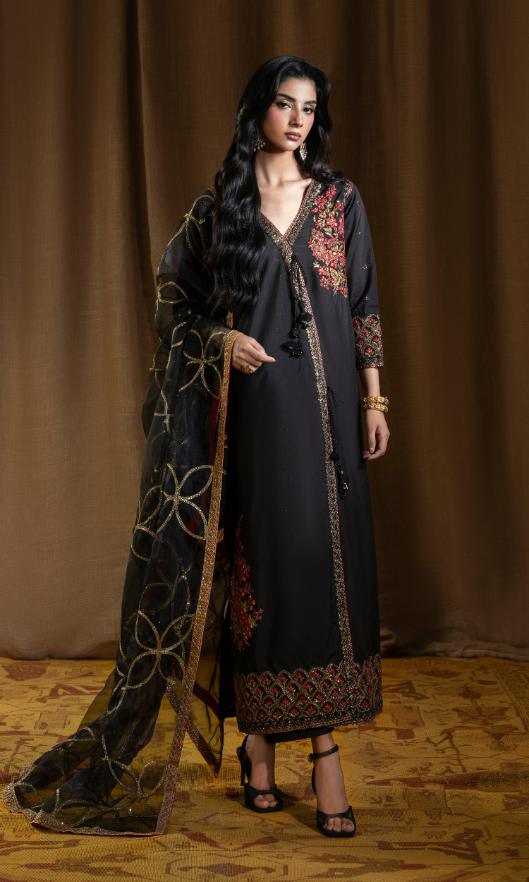 Shehr Zaad — Black Luxury Embroidered Sheesha Silk 3-Piece Suit