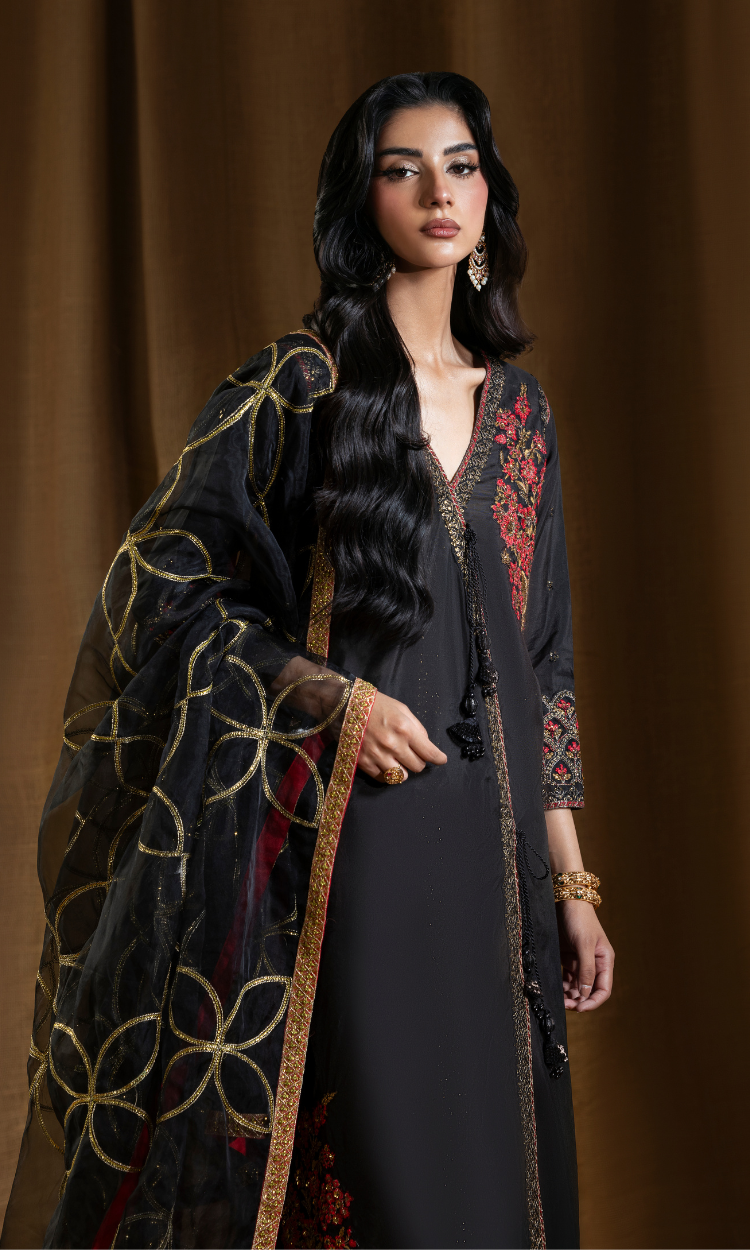 Shehr Zaad — Black Luxury Embroidered Sheesha Silk 3-Piece Suit