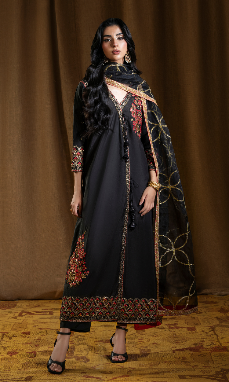 Shehr Zaad — Black Luxury Embroidered Sheesha Silk 3-Piece Suit