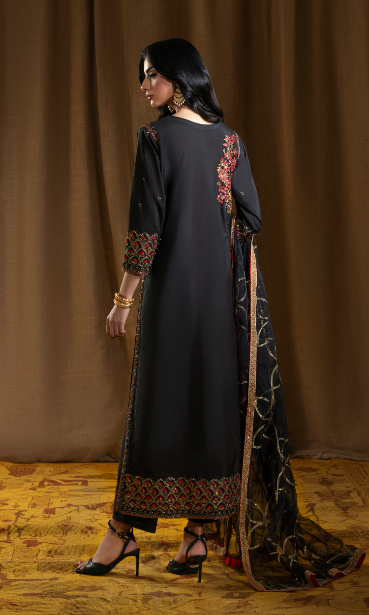 Shehr Zaad — Black Luxury Embroidered Sheesha Silk 3-Piece Suit