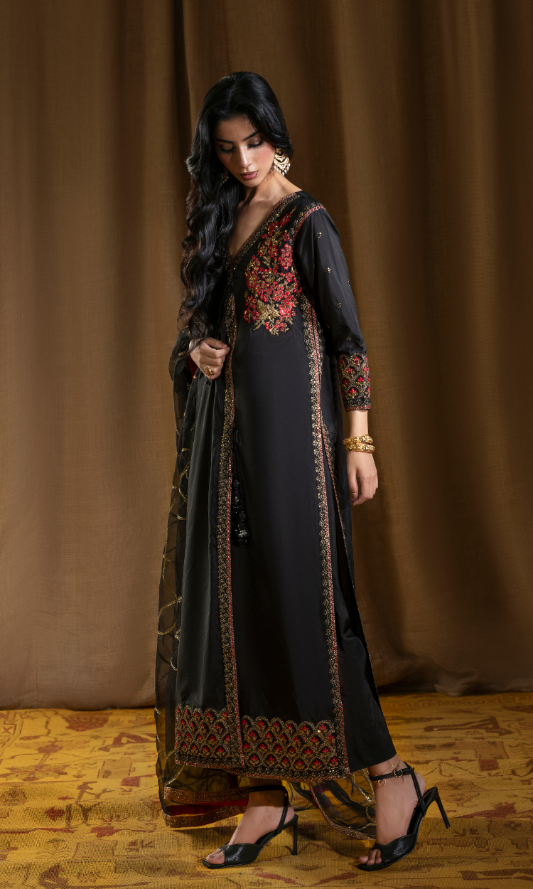Shehr Zaad — Black Luxury Embroidered Sheesha Silk 3-Piece Suit