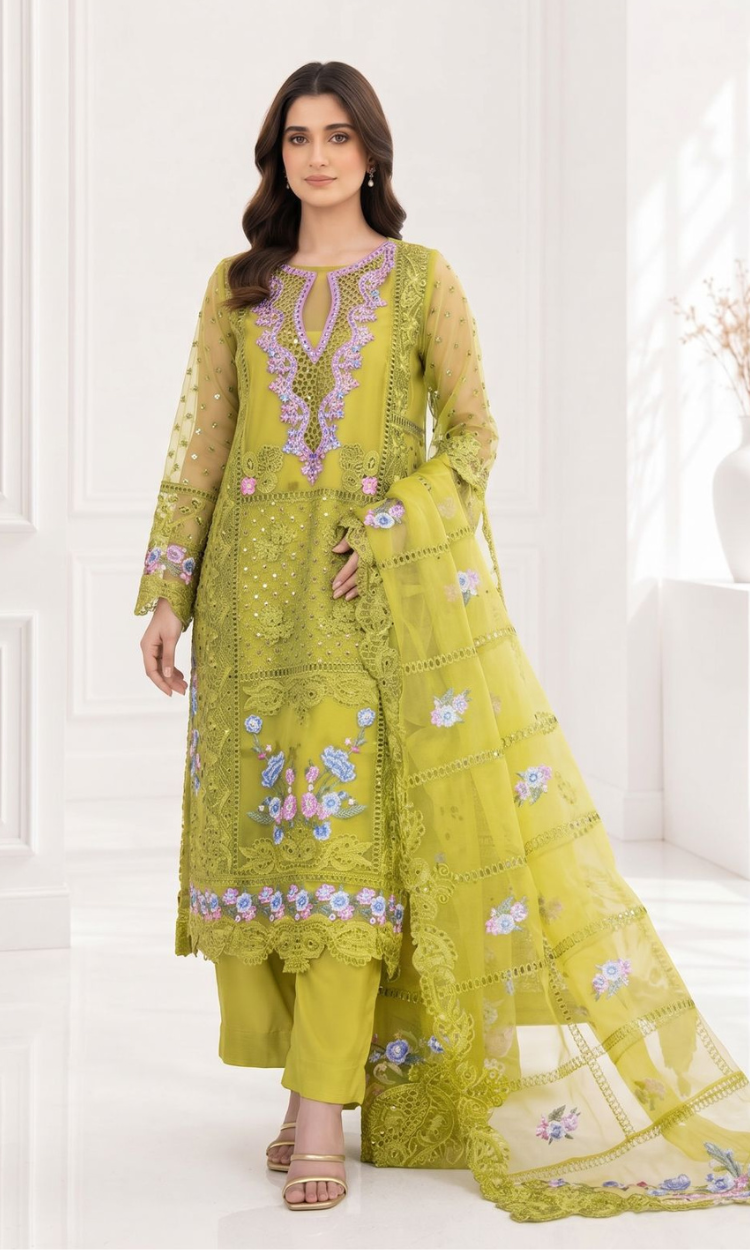 Olive Green - 4PC Embroidered Organza Formal