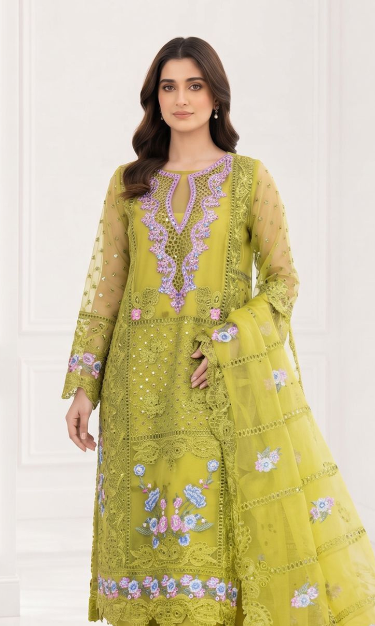 Olive Green - 4PC Embroidered Organza Formal