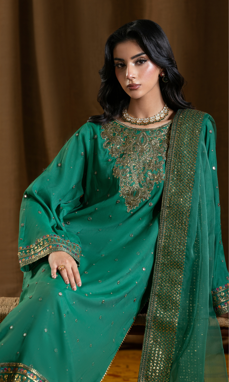 Zahra — Pine Green Luxury Embroidered Raw Silk 3-Piece Suit