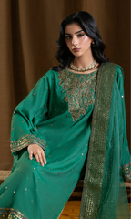 Zahra — Pine Green Luxury Embroidered Raw Silk 3-Piece Suit