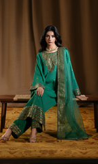 Zahra — Pine Green Luxury Embroidered Raw Silk 3-Piece Suit