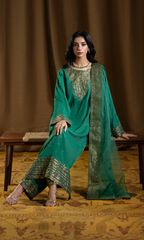 Zahra — Pine Green Luxury Embroidered Raw Silk 3-Piece Suit