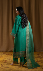 Zahra — Pine Green Luxury Embroidered Raw Silk 3-Piece Suit