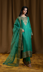 Zahra — Pine Green Luxury Embroidered Raw Silk 3-Piece Suit