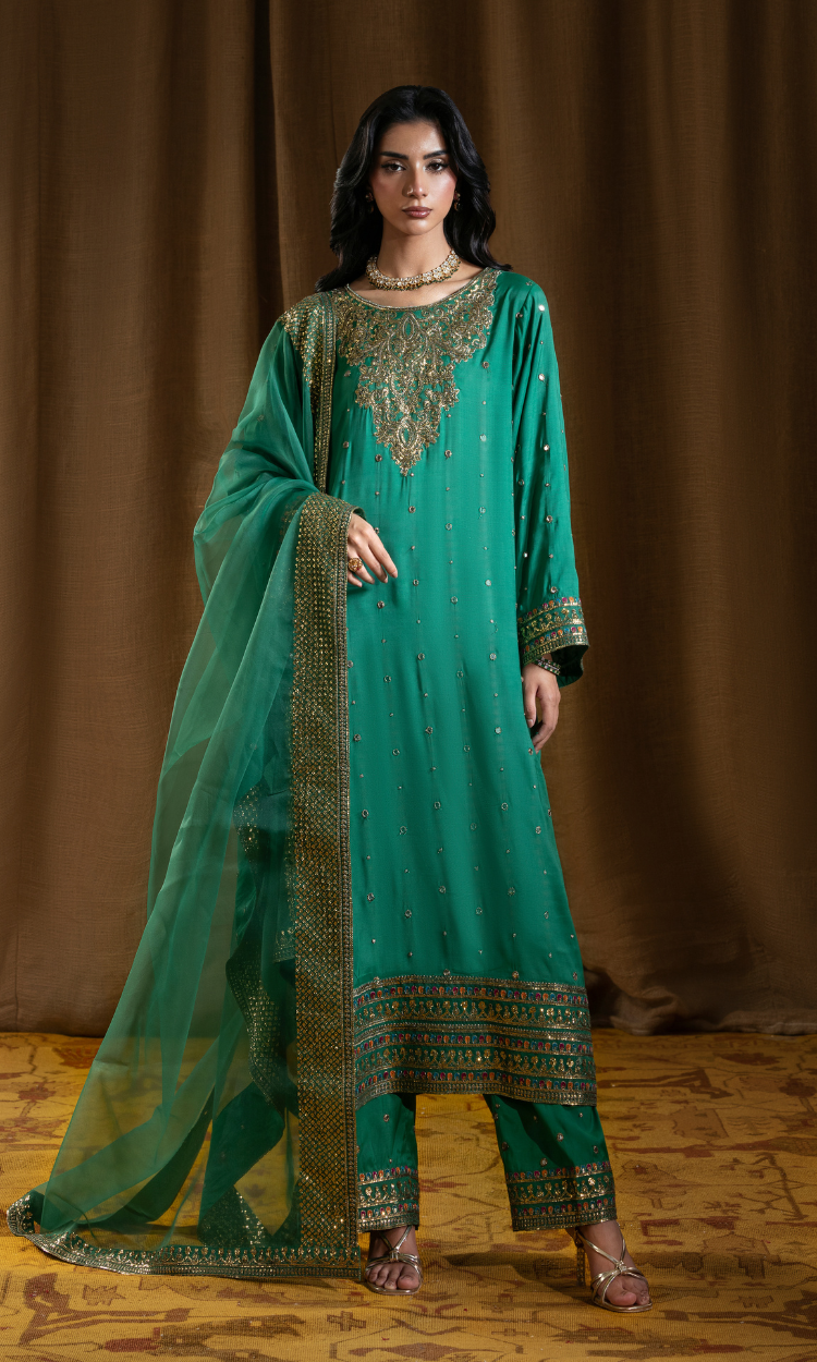 Zahra — Pine Green Luxury Embroidered Raw Silk 3-Piece Suit