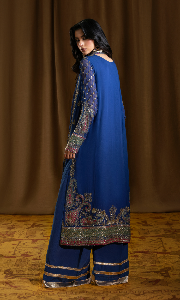 Anar Kali — True Blue Luxury  Chiffon Embroidered 3-Piece Suit | Afiay