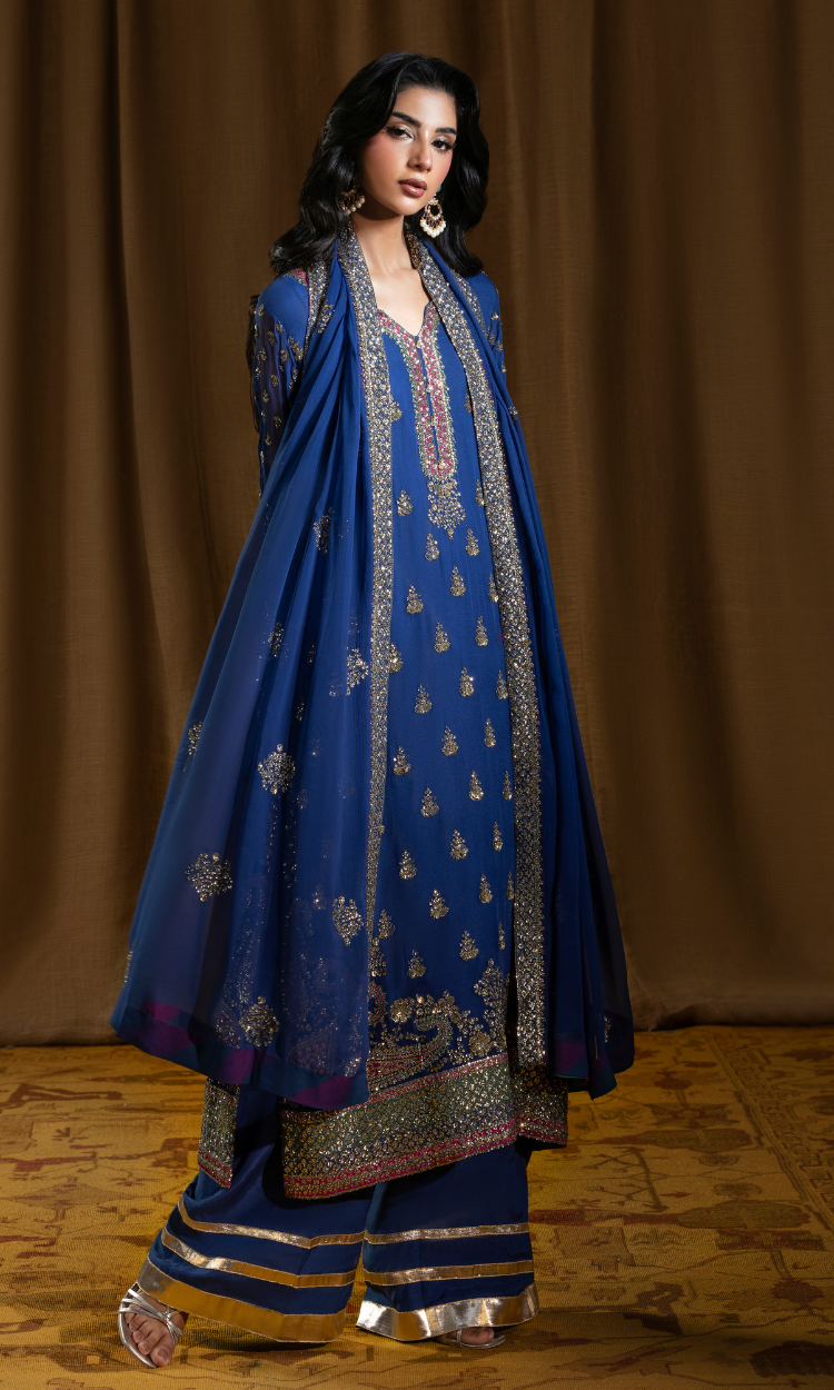 Anar Kali — True Blue Luxury  Chiffon Embroidered 3-Piece Suit | Afiay