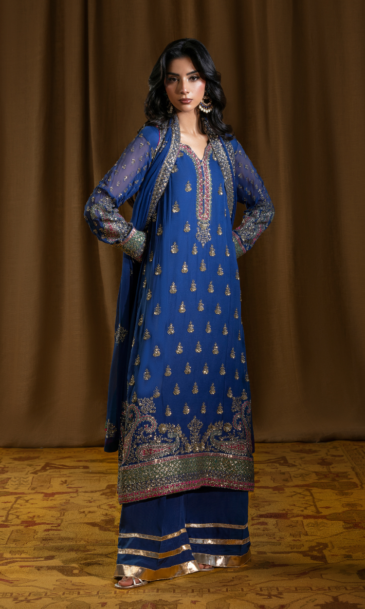 Anar Kali — True Blue Luxury  Chiffon Embroidered 3-Piece Suit | Afiay
