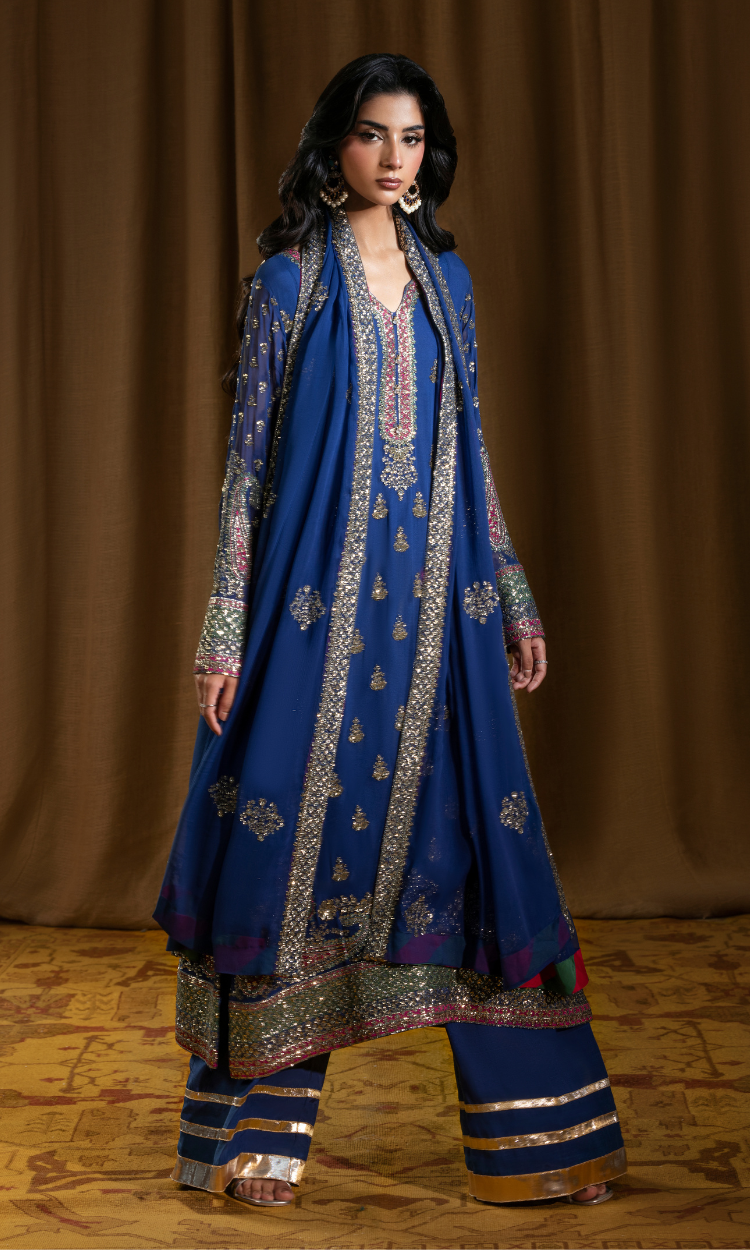 Anar Kali — True Blue Luxury  Chiffon Embroidered 3-Piece Suit | Afiay