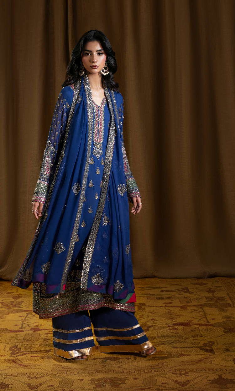 Anar Kali — True Blue Luxury  Chiffon Embroidered 3-Piece Suit | Afiay