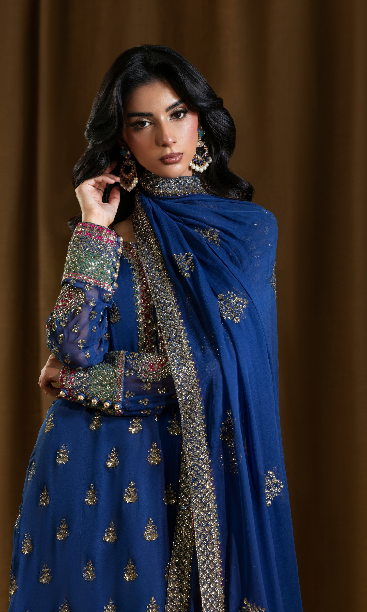 Anar Kali — True Blue Luxury  Chiffon Embroidered 3-Piece Suit | Afiay