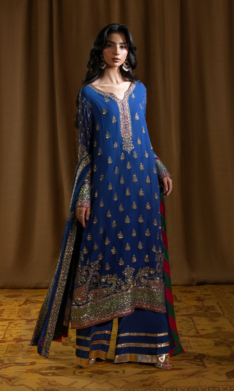 Anar Kali — True Blue Luxury  Chiffon Embroidered 3-Piece Suit | Afiay